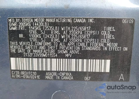 2009 Toyota Rav4 z USA, uszkodzony, nr VIN 2T3ZF33V99W011554